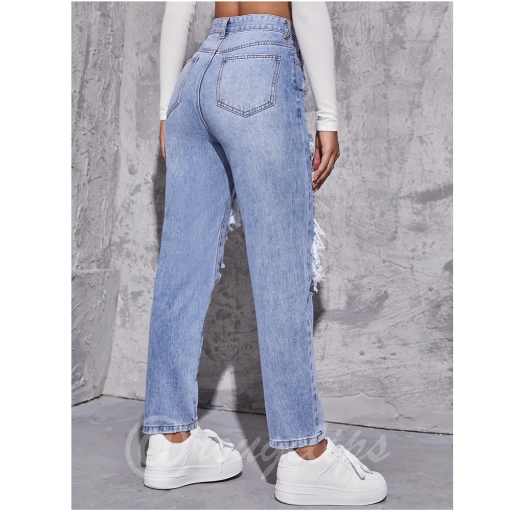 Light Wash Blue Jeans Distressed Ripped High Waist Raw Hem - Picture 5 of 7